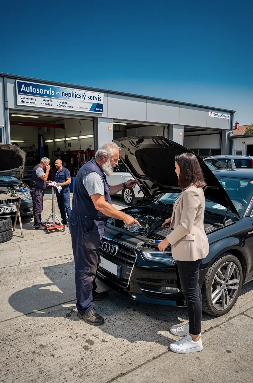 Technik v montérkach opravujúci brzdy osobného auta v servise.